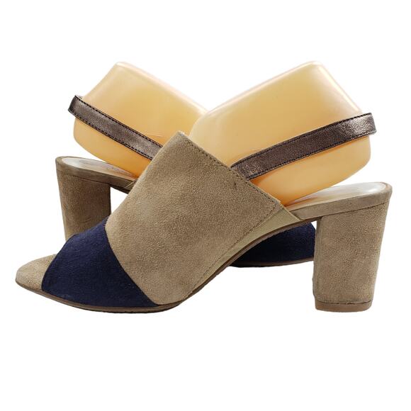 Eric Michael 10 Suede Leather Slingback Heels Womens Tan Black Block 3" Open Toe - Picture 7 of 11